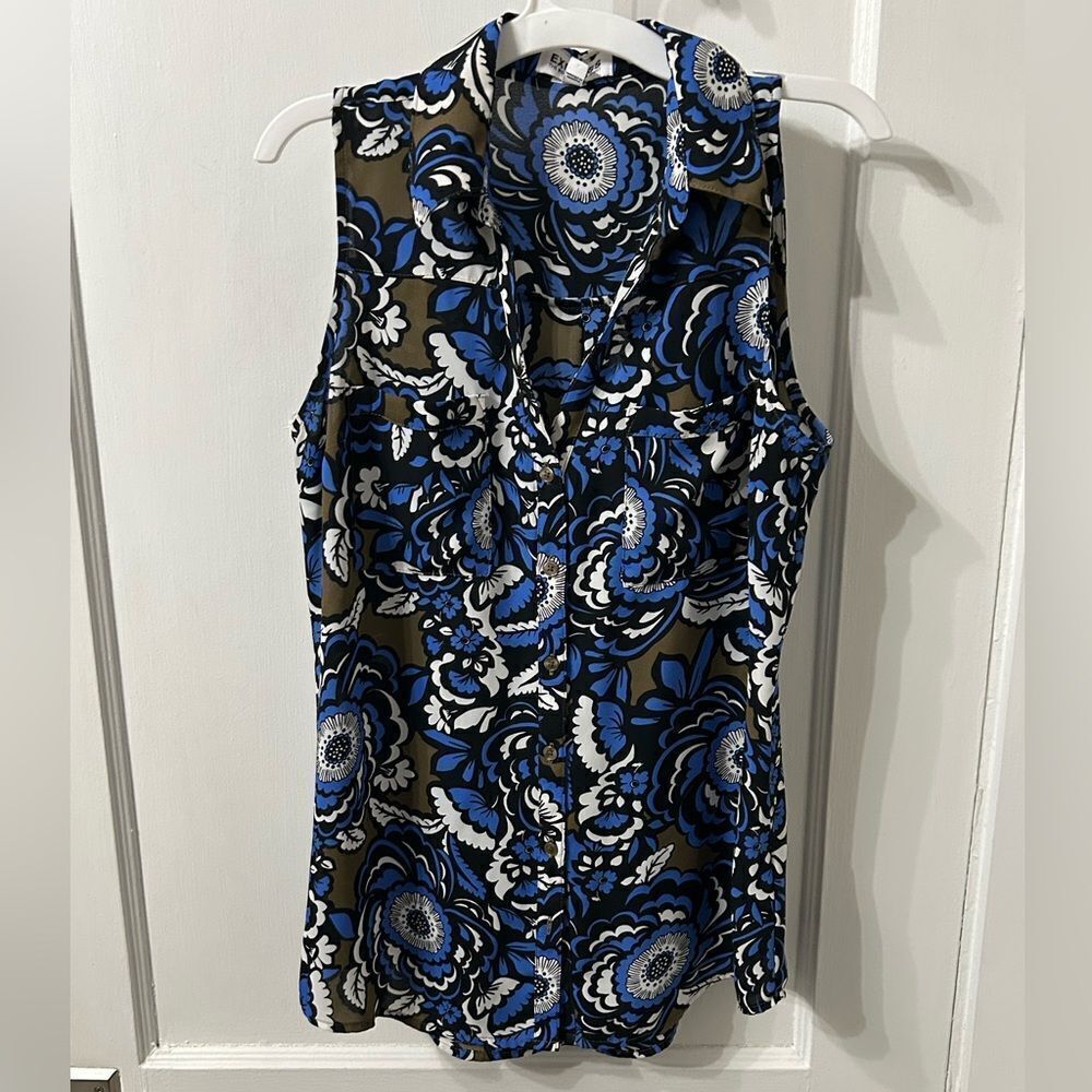 Express Blue and Black Ruffled Sleeveless Blouse